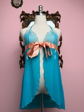 Victoria’s Secret Mermaid Turquoise Embroidered Micro Mesh Halter Nightie Large